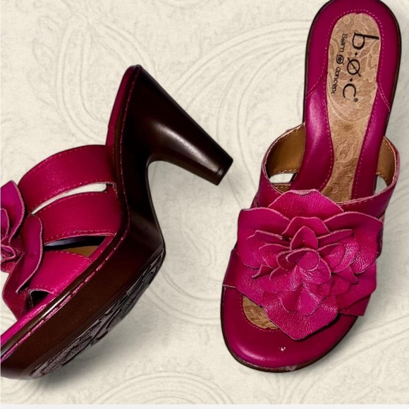 b.o.c. Pink Brown leather flower Mules with Chunky Wooden Heel size 7 - Picture 1 of 6
